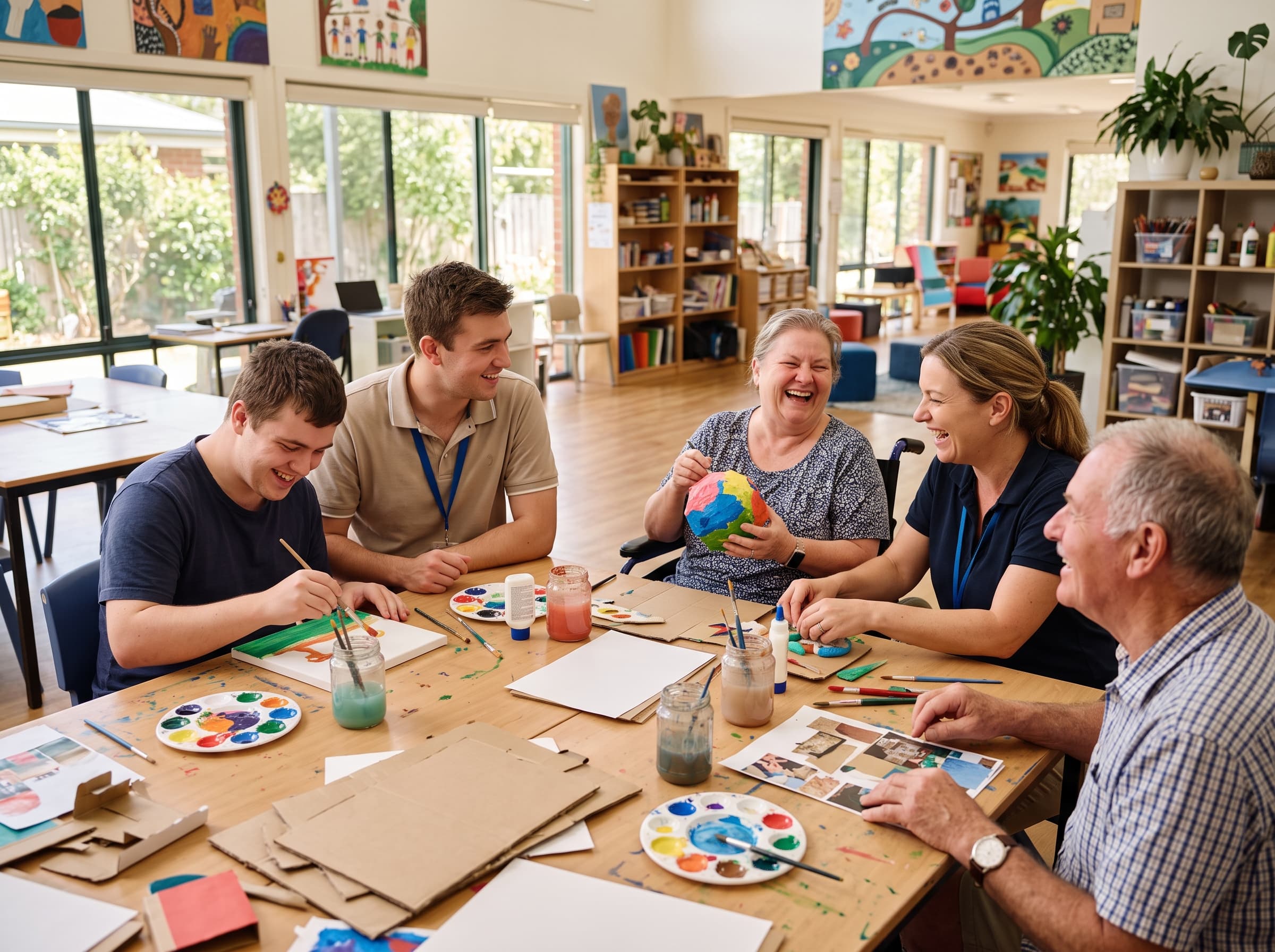 Participants and support workers engaged in a joyful group craft activity
