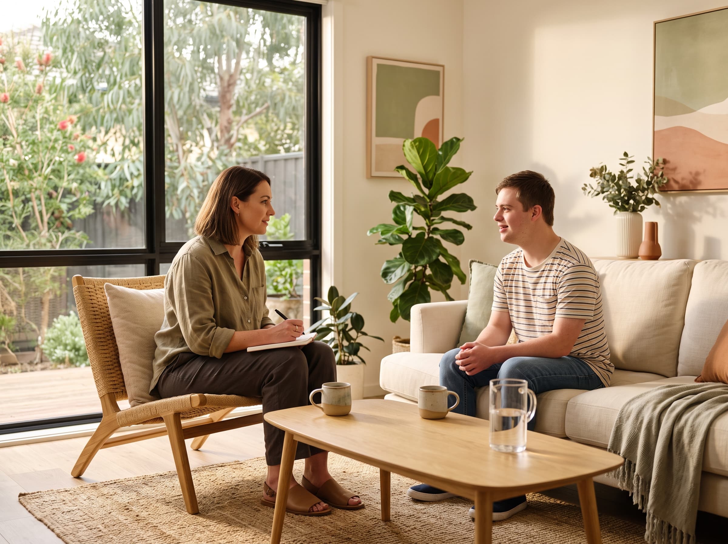 A behaviour support practitioner meeting with a participant in a calm home setting