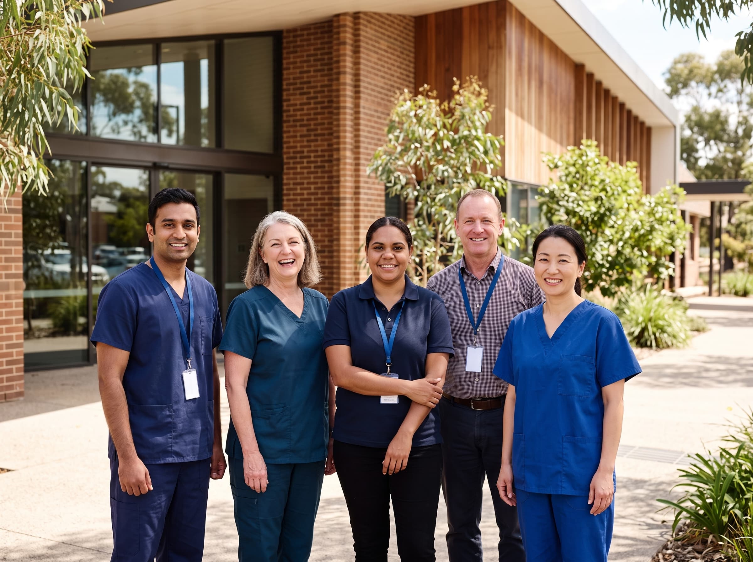 Diverse team of Oak and Aura Care workers standing together outdoors