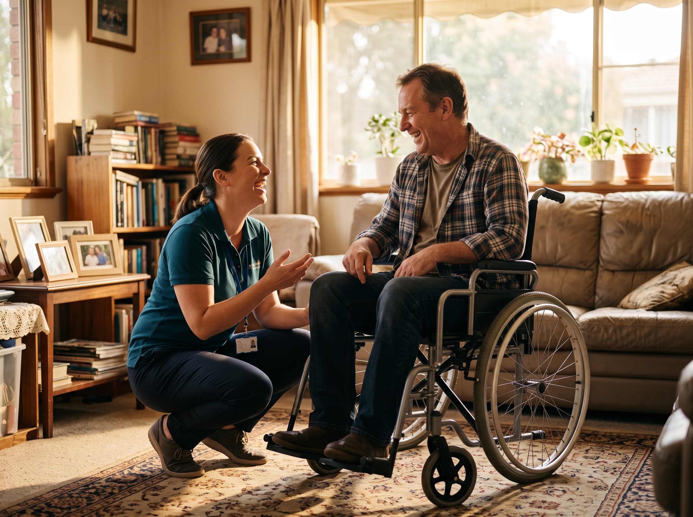 A support worker crouching to eye level with a wheelchair-using participant, both smiling