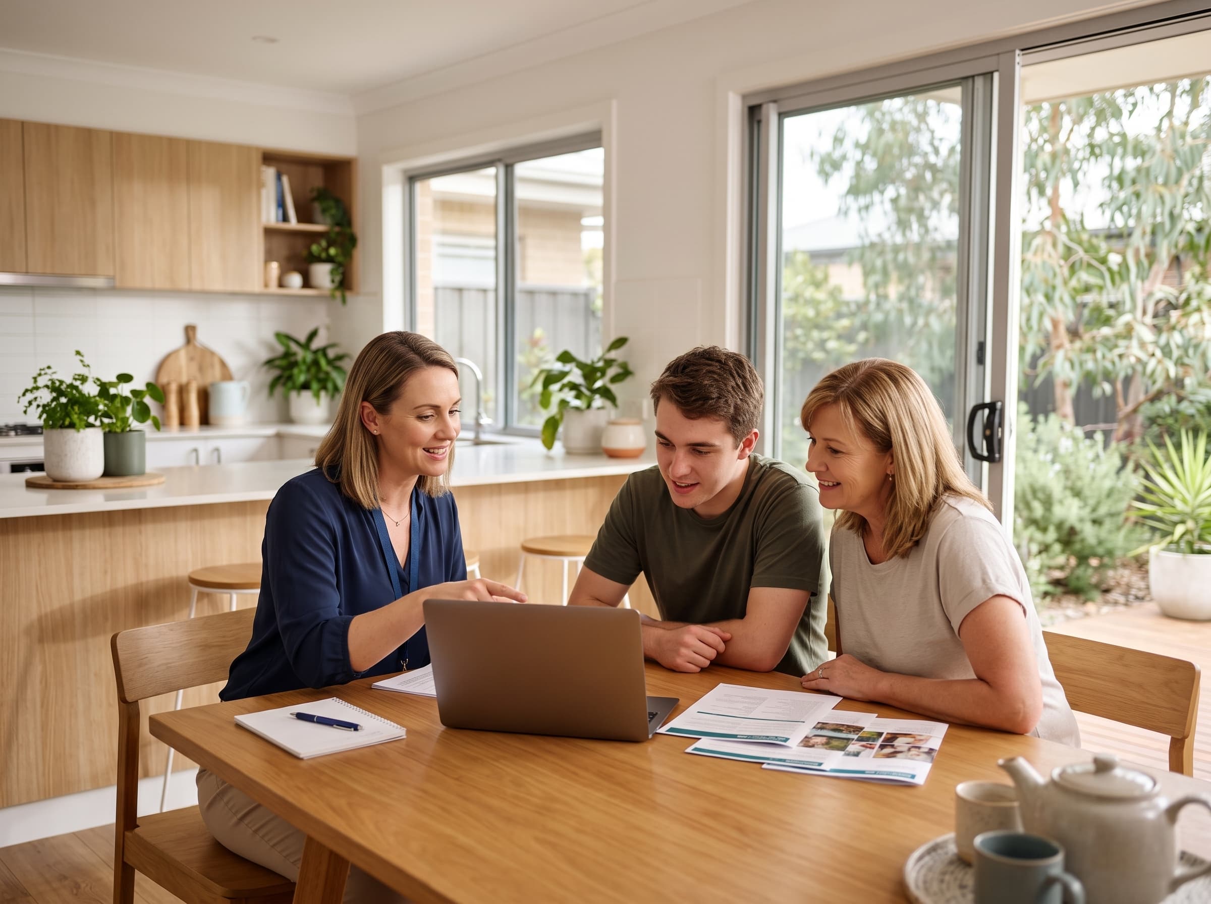 A support coordinator reviewing an NDIS plan with a participant and their family