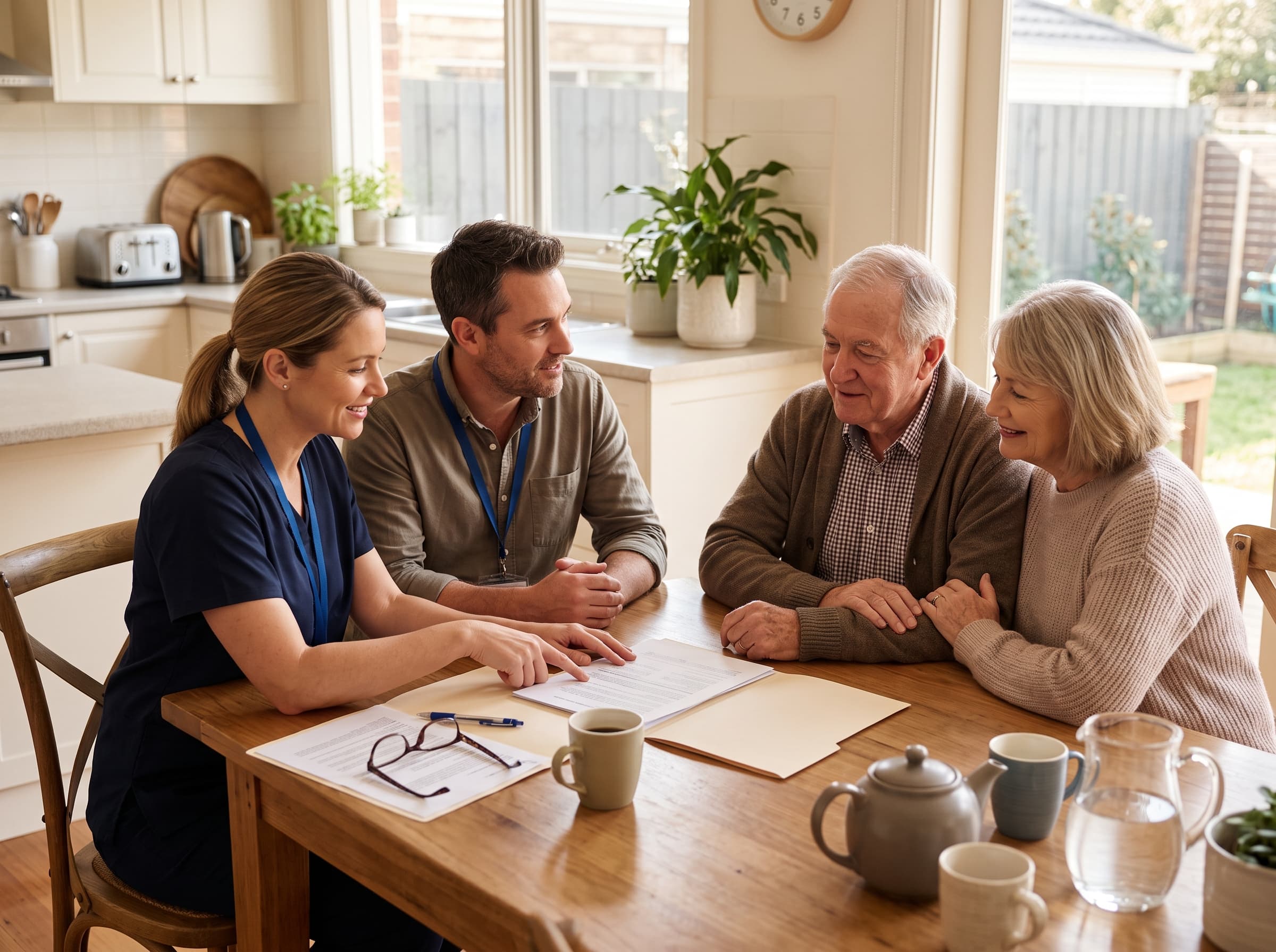 A nurse and coordinator meeting warmly with a patient and family at home