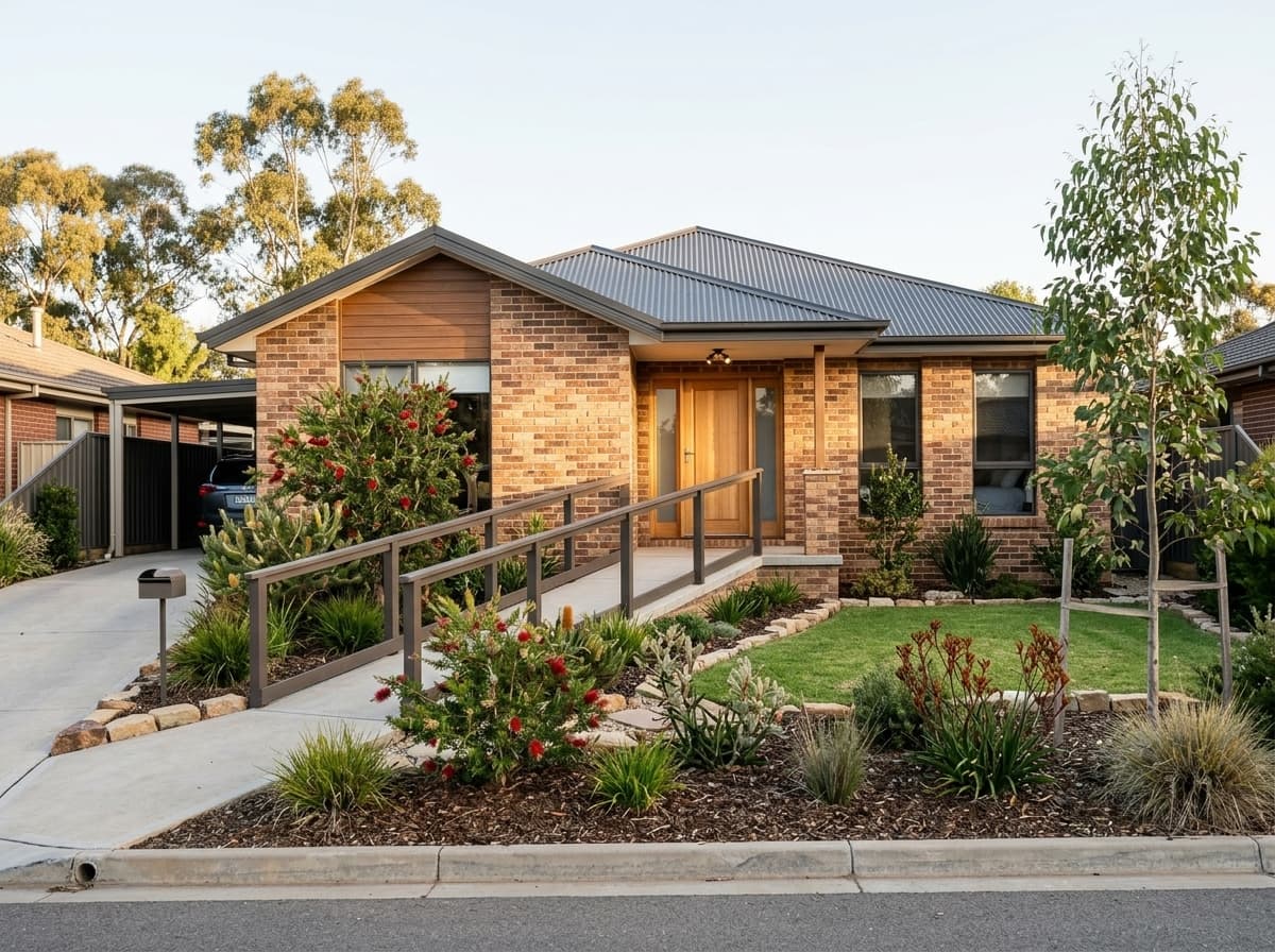 Exterior of a modern accessible Australian home with ramp access and tidy garden