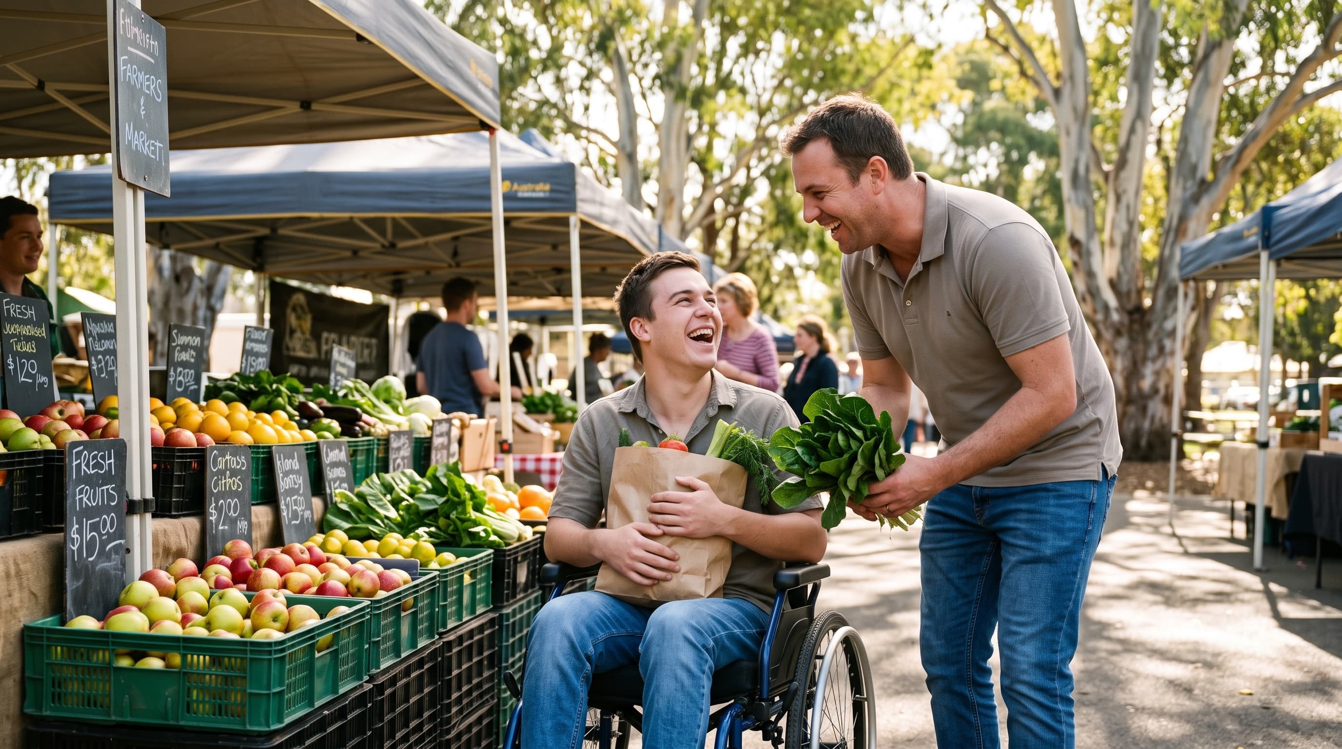 A participant and support worker laughing together at a community market