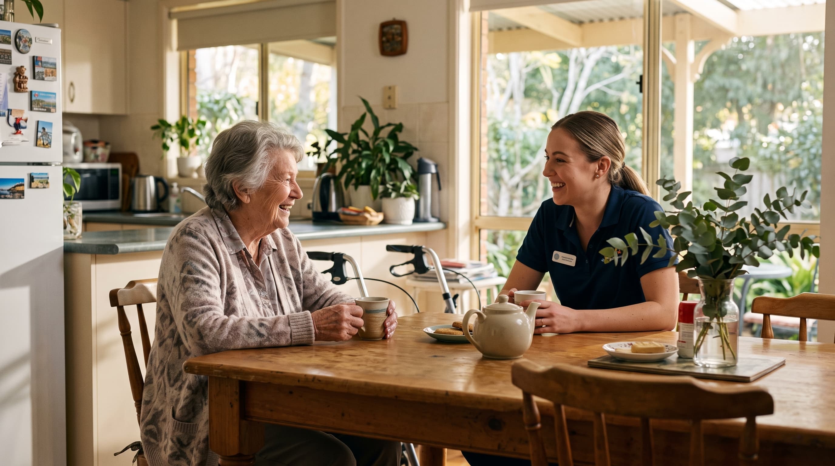 An older woman sharing tea and laughter with a support worker at home