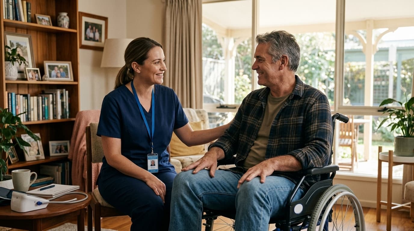 A nurse sitting beside a man in a wheelchair in his living room
