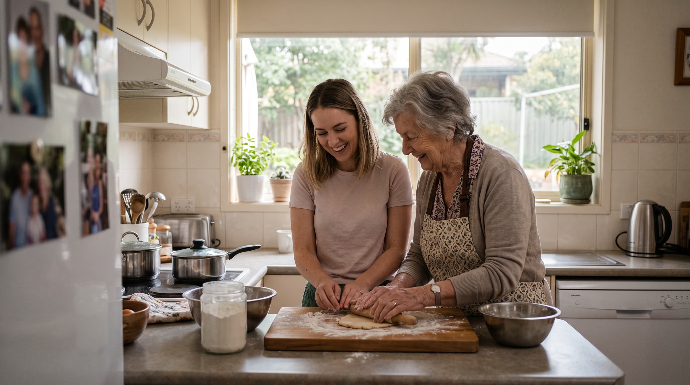 Margaret baking together with her granddaughter at home