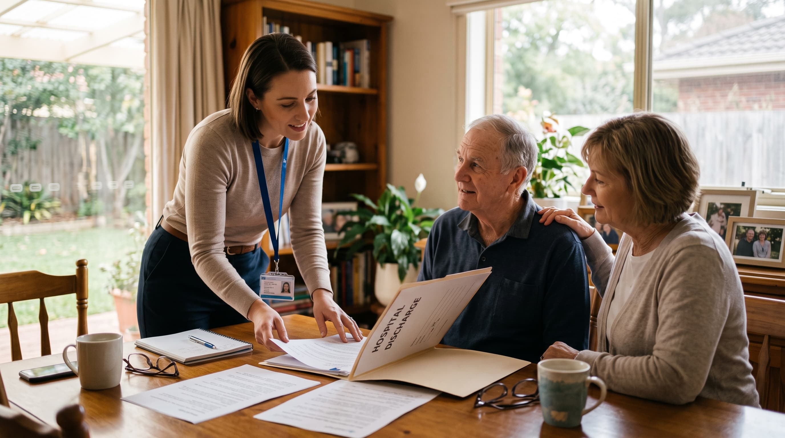 A clinician planning a hospital discharge with a couple at their kitchen table