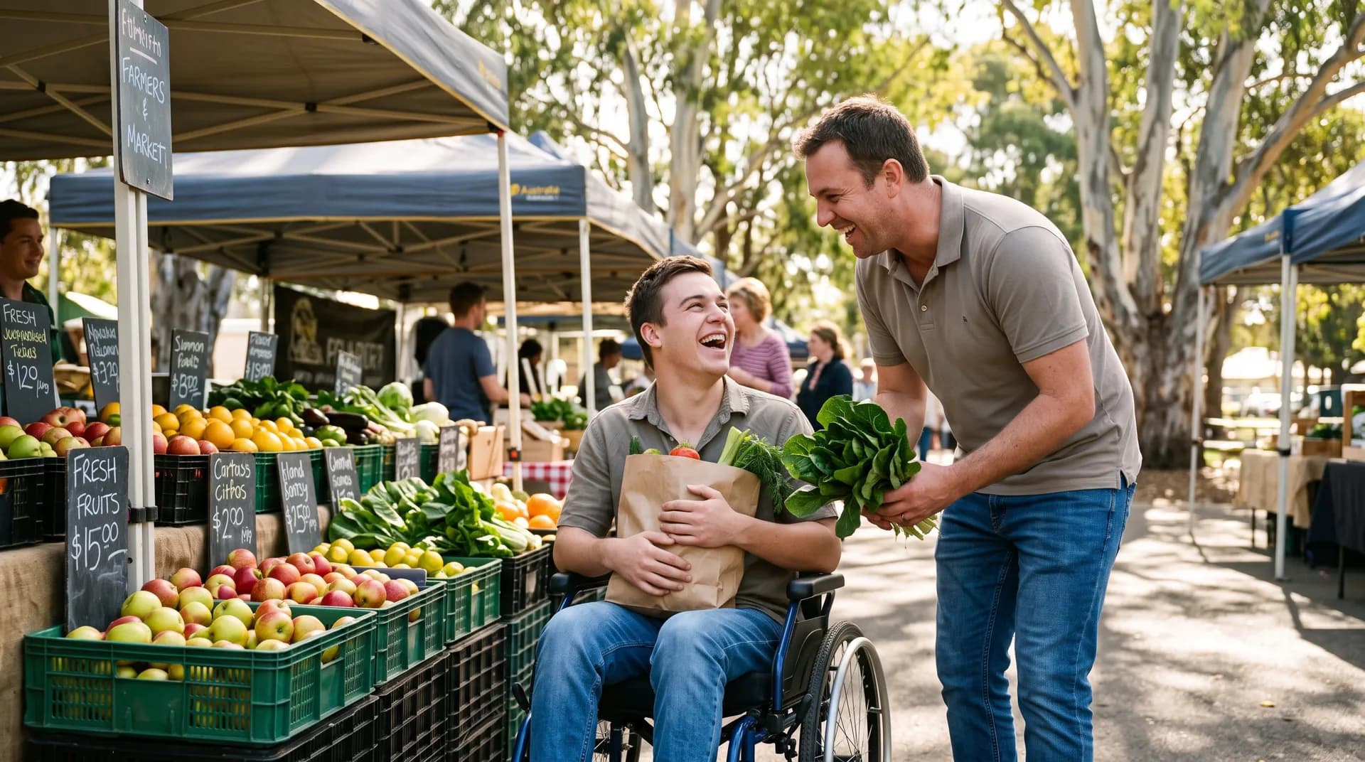 A man in a wheelchair shopping for fresh produce with his support worker
