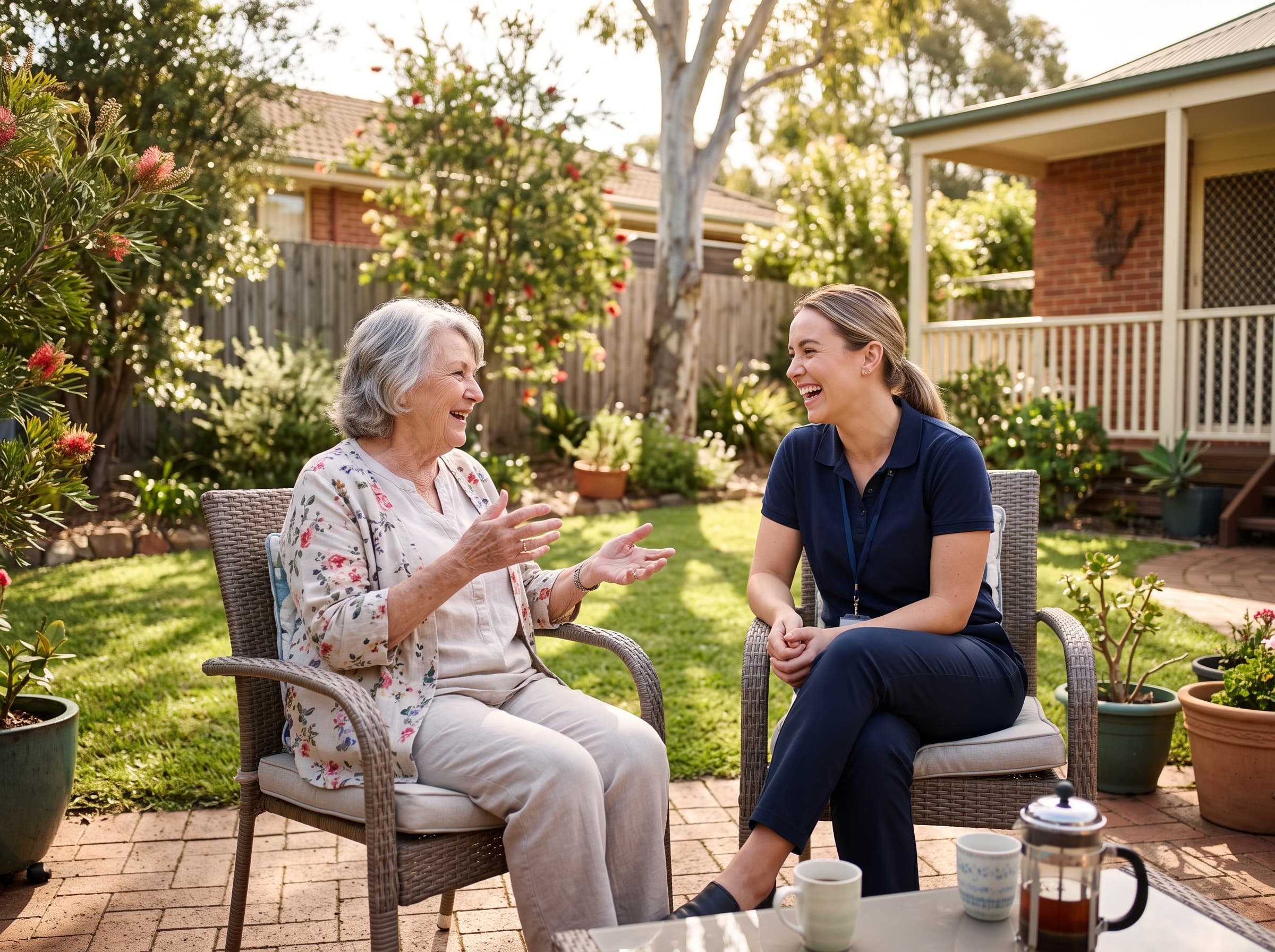 An older woman sharing a warm moment with a support worker in a sunny garden
