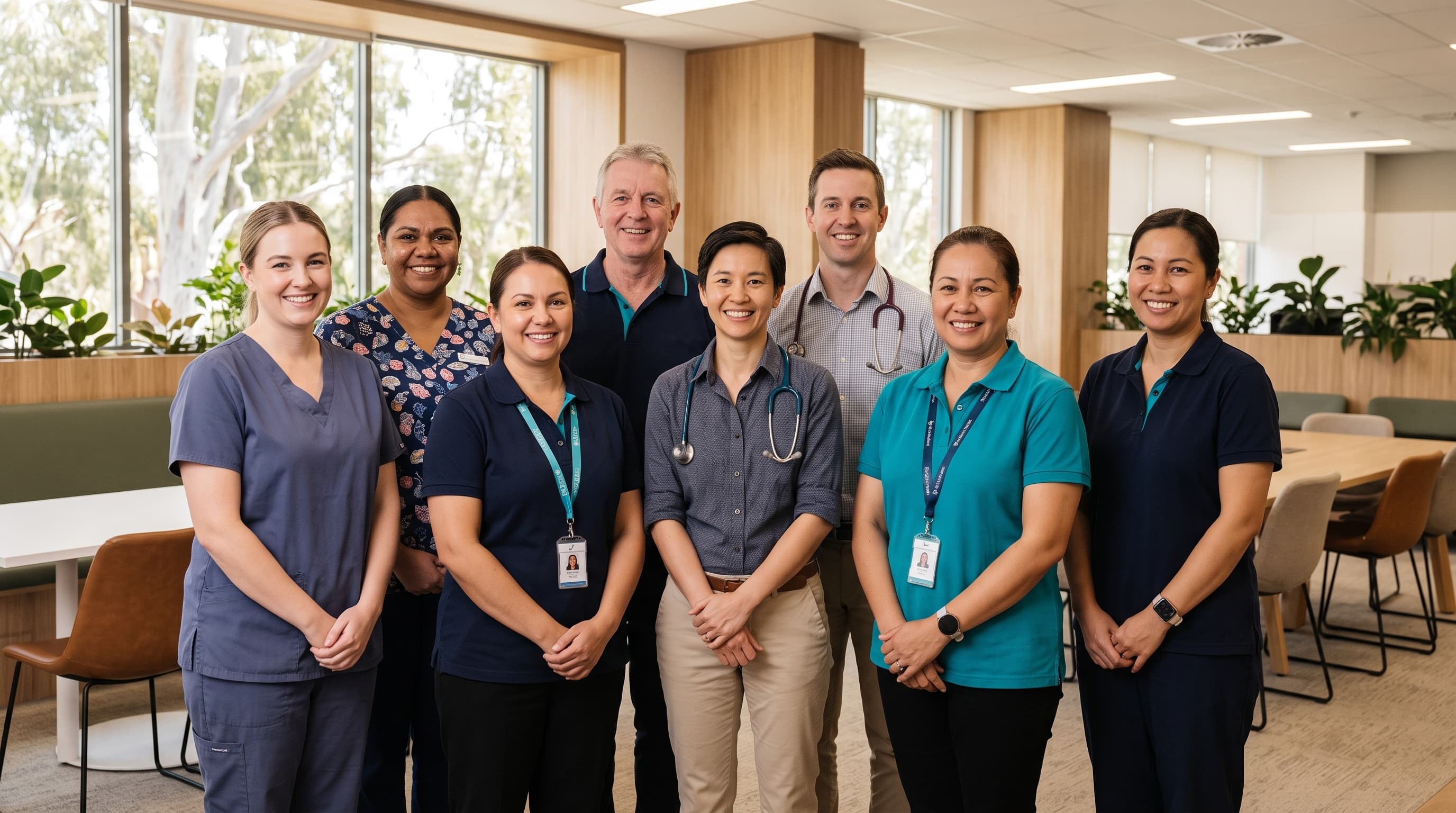 The Oak and Aura team of nurses, doctors and support workers standing together